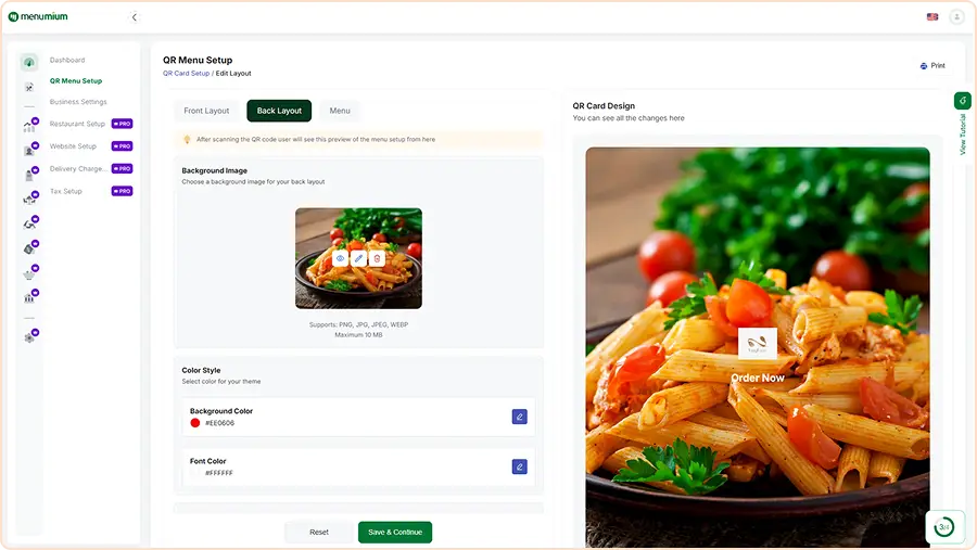 Menu Back Layout Setup