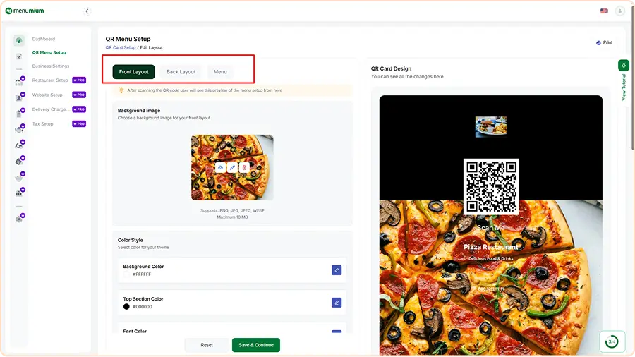 Menu Front Layout Setup