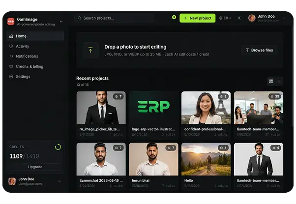 6amStudio AI photo editing dashboard